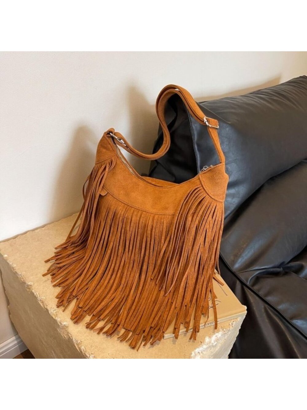 Vintage Suede Fringe Hobo Tote Bag | Boho Chic Crossbody Purse for Women - Picture 6 of 8
